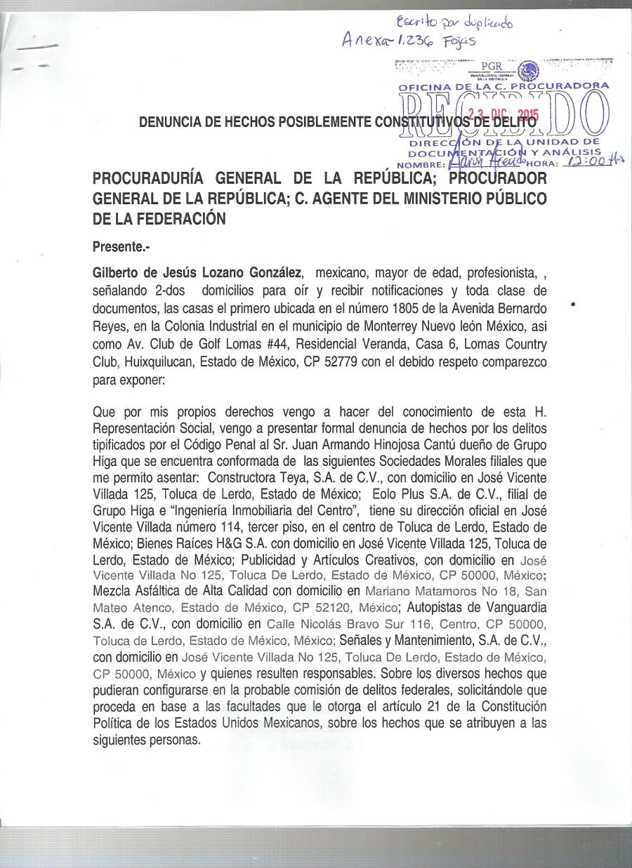 Denuncia ante la PGR del Grupo HIGA y complicidad de  EPN 001